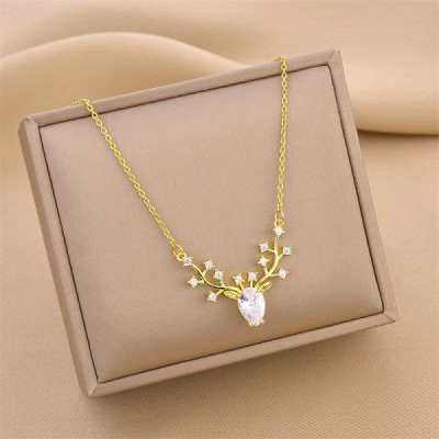 Gold Plated Deer/ Stag Head with Flower Necklace